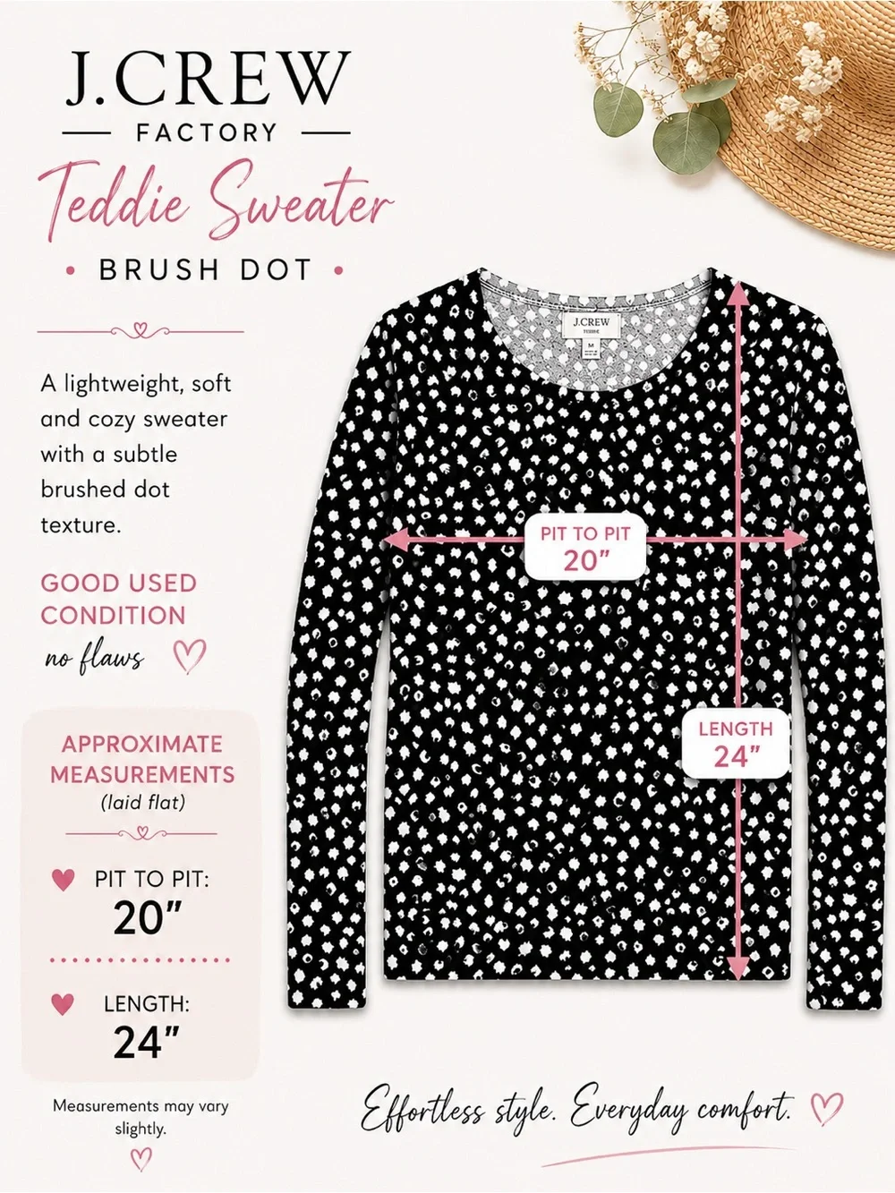 J. Crew Teddie Lightweight - Black Brushed Dot - Long Sleeve Top - Size M